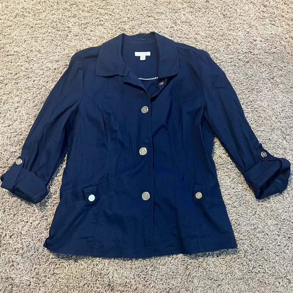 Charter Club‎ Womens Navy Blue Button Front 3/4 Sleeve Utility Jacket Size Large